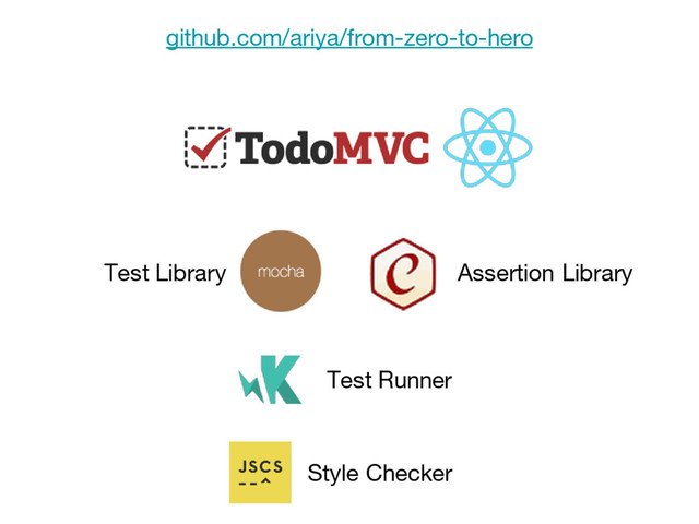 Test Runner
Test Library Assertion Library
Style Checker
github.com/ariya/from-zero-to-hero
