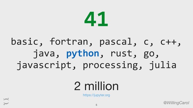 41
@WillingCarol
basic, fortran, pascal, c, c++,
java, python, rust, go,
javascript, processing, julia
2 million

https://jupyter.org
5
