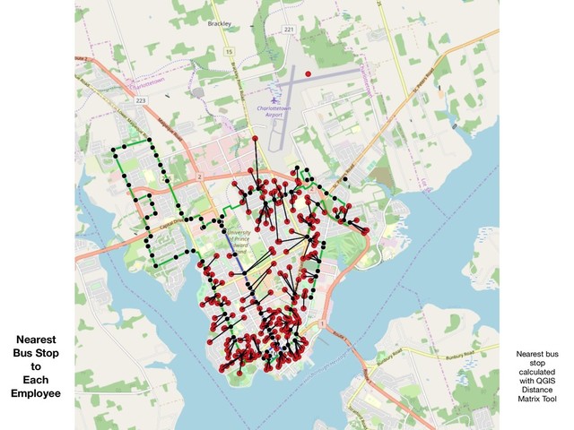 Nearest
Bus Stop
to
Each
Employee
Nearest bus
stop
calculated
with QGIS
Distance
Matrix Tool
