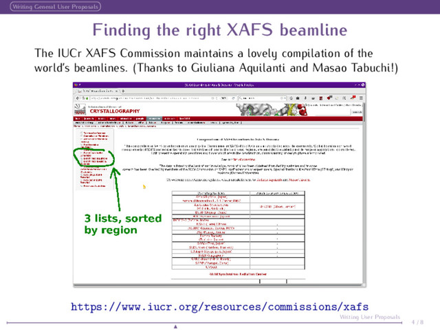 Writing General User Proposals
Finding the right XAFS beamline
The IUCr XAFS Commission maintains a lovely compilation of the
world’s beamlines. (Thanks to Giuliana Aquilanti and Masao Tabuchi!)
https://www.iucr.org/resources/commissions/xafs
4 / 8
Writing User Proposals
