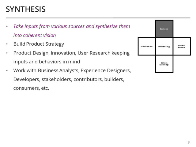 Synthesis
SYNTHESIS
8
Influencing Business
Acumen
Domain
Knowledge
Prioritisation
• Take inputs from various sources and synthesize them
into coherent vision
• Build Product Strategy
• Product Design, Innovation, User Research keeping
inputs and behaviors in mind
• Work with Business Analysts, Experience Designers,
Developers, stakeholders, contributors, builders,
consumers, etc.

