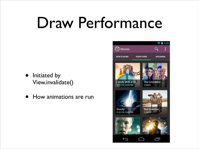 Draw Performance
• Initiated by
View.invalidate()	

• How animations are run
