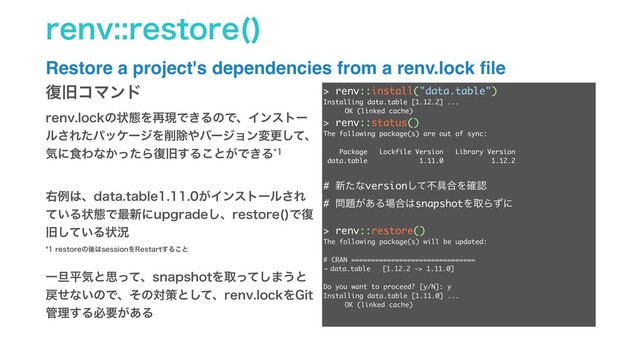 SFOWSFTUPSF 

Restore a project's dependencies from a renv.lock ﬁle
> renv::install("data.table")
Installing data.table [1.12.2] ...
OK (linked cache)
> renv::status()
The following package(s) are out of sync:
Package Lockfile Version Library Version
data.table 1.11.0 1.12.2
# ৽ͨͳversionͯ͠ෆ۩߹Λ֬ೝ
# ໰୊͕͋Δ৔߹͸snapshotΛऔΒͣʹ
> renv::restore()
The following package(s) will be updated:
# CRAN ===============================
- data.table [1.12.2 -> 1.11.0]
Do you want to proceed? [y/N]: y
Installing data.table [1.11.0] ...
OK (linked cache)
෮چίϚϯυ
SFOWMPDLͷঢ়ଶΛ࠶ݱͰ͖ΔͷͰɺΠϯετʔ
ϧ͞ΕͨύοέʔδΛ࡟আ΍όʔδϣϯมߋͯ͠ɺ
ؾʹ৯Θͳ͔ͬͨΒ෮چ͢Δ͜ͱ͕Ͱ͖Δ
ӈྫ͸ɺEBUBUBCMF͕Πϯετʔϧ͞Ε
͍ͯΔঢ়ଶͰ࠷৽ʹVQHSBEF͠ɺSFTUPSF 
Ͱ෮
چ͍ͯ͠Δঢ়گ
SFTUPSFͷޙ͸TFTTJPOΛ3FTUBSU͢Δ͜ͱ
Ұ୴ฏؾͱࢥͬͯɺTOBQTIPUΛऔͬͯ͠·͏ͱ
໭ͤͳ͍ͷͰɺͦͷରࡦͱͯ͠ɺSFOWMPDLΛ(JU
؅ཧ͢Δඞཁ͕͋Δ
