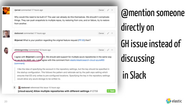 20
@mention someone
directly on
GH issue instead of
discussing
in Slack
