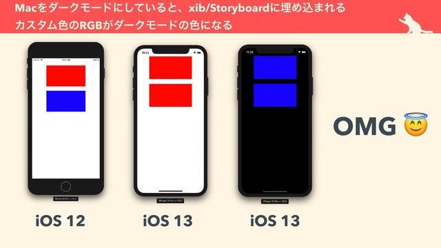 MacΛμʔΫϞʔυʹ͍ͯ͠Δͱɺxib/StoryboardʹຒΊࠐ·ΕΔ 
ΧελϜ৭ͷRGB͕μʔΫϞʔυͷ৭ʹͳΔ
OMG 
iOS 12 iOS 13 iOS 13
