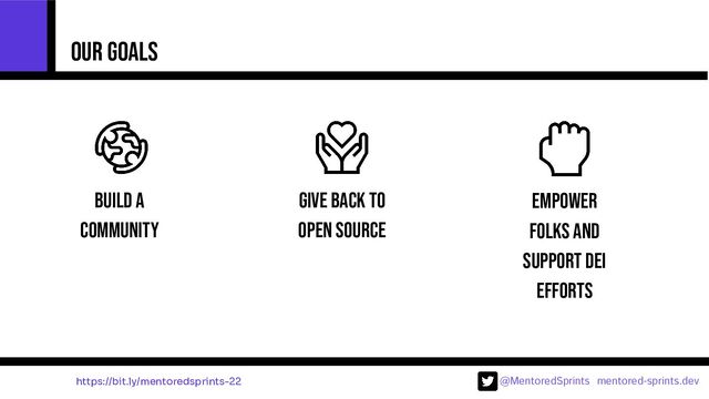 @MentoredSprints mentored-sprints.dev 
Build a
community
Give back to
open source
Empower
folks and
support dei
efforts
Our goals
https://bit.ly/mentoredsprints-22
