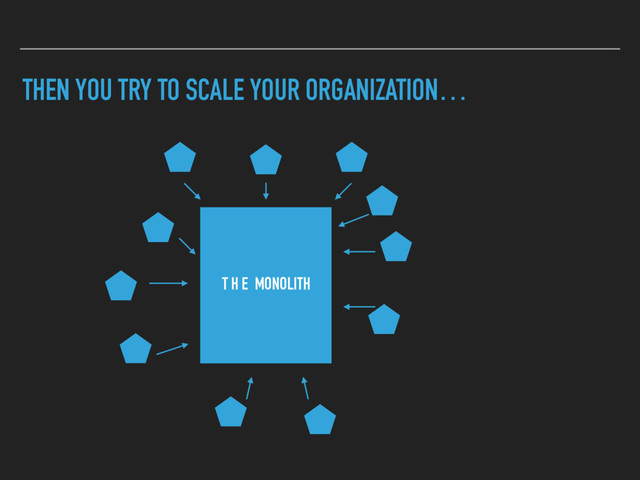 THEN YOU TRY TO SCALE YOUR ORGANIZATION…
T H E MONOLITH
