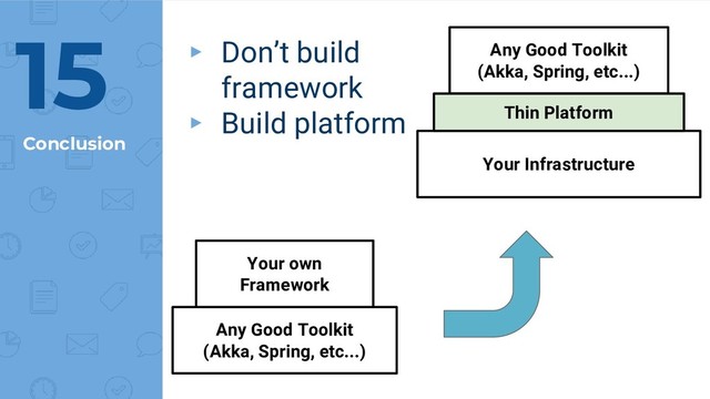 Conclusion
15
Any Good Toolkit
(Akka, Spring, etc...)
Your own
Framework
Any Good Toolkit
(Akka, Spring, etc...)
Your Infrastructure
Thin Platform
▸ Don’t build
framework
▸ Build platform
