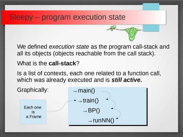 Sleepy – program execution state
We defined execution state as the program call-stack and
all its objects (objects reachable from the call stack).
What is the call-stack?
Is a list of contexts, each one related to a function call,
which was already executed and is still active.
Graphically: →main()
→train()
→BP()
→runNN()
→main()
→train()
→BP()
→runNN()
Each one
is
a Frame
