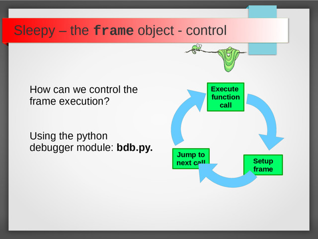 Sleepy – the frame object - control
How can we control the
frame execution?
Using the python
debugger module: bdb.py.
Execute
function
call
Jump to
next call Setup
frame
