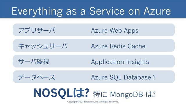 Everything as a Service on Azure
NOSQLは? 特に MongoDB は?
アプリサーバ Azure Web Apps
キャッシュサーバ Azure Redis Cache
サーバ監視 Application Insights
データベース Azure SQL Database ?
Copyright © 2018 isana.net,inc. All Rights Reserved.
