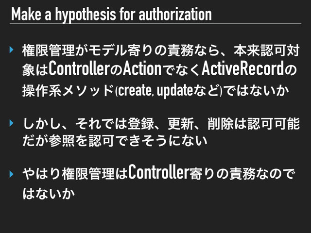 Make a hypothesis for authorization
‣ ݖݶ؅ཧ͕ϞσϧدΓͷ੹຿ͳΒɺຊདྷೝՄର
৅͸ControllerͷActionͰͳ͘ActiveRecordͷ
ૢ࡞ܥϝιου(create, updateͳͲ)Ͱ͸ͳ͍͔ 
‣ ͔͠͠ɺͦΕͰ͸ొ࿥ɺߋ৽ɺ࡟আ͸ೝՄՄೳ
͕ͩࢀরΛೝՄͰ͖ͦ͏ʹͳ͍
‣ ΍͸Γݖݶ؅ཧ͸ControllerدΓͷ੹຿ͳͷͰ
͸ͳ͍͔
