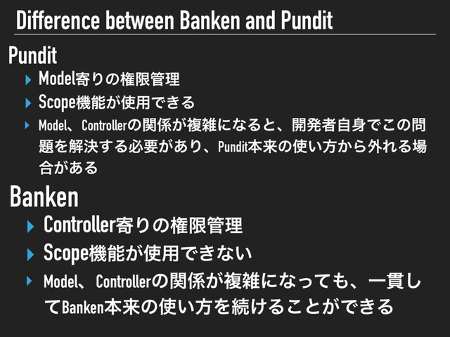 Difference between Banken and Pundit
Banken
‣ ControllerدΓͷݖݶ؅ཧ
‣ Scopeػೳ͕࢖༻Ͱ͖ͳ͍
‣ ModelɺControllerͷؔ܎͕ෳࡶʹͳͬͯ΋ɺҰ؏͠
ͯBankenຊདྷͷ࢖͍ํΛଓ͚Δ͜ͱ͕Ͱ͖Δ
Pundit
‣ ModelدΓͷݖݶ؅ཧ
‣ Scopeػೳ͕࢖༻Ͱ͖Δ
‣ ModelɺControllerͷؔ܎͕ෳࡶʹͳΔͱɺ։ൃऀࣗ਎Ͱ͜ͷ໰
୊Λղܾ͢Δඞཁ͕͋ΓɺPunditຊདྷͷ࢖͍ํ͔Β֎ΕΔ৔
߹͕͋Δ

