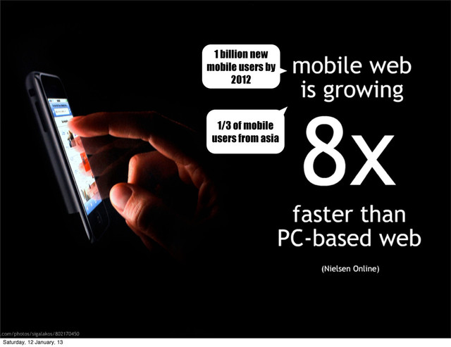 1 billion new
mobile users by
2012
1/3 of mobile
users from asia
Saturday, 12 January, 13
