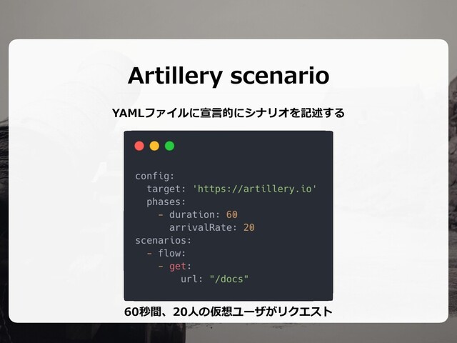 Artillery scenario
YAMLファイルに宣⾔的にシナリオを記述する
60秒間、20⼈の仮想ユーザがリクエスト
