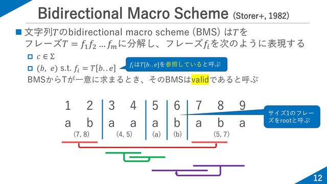 Bidirectional Macro Scheme (Storer+, 1982)
12
◼ 文字列𝑇のbidirectional macro scheme (BMS) は𝑇を
フレーズ𝑇 = 𝑓1
𝑓2
… 𝑓𝑚
に分解し、フレーズ𝑓𝑖
を次のように表現する
 𝑐 ∈ Σ
 (𝑏, 𝑒) s.t. 𝑓𝑖
= 𝑇 𝑏. . 𝑒
BMSからTが一意に求まるとき、そのBMSはvalidであると呼ぶ
1 2 3 4 5 6 7 8 9
a b a a a b a b a
(7, 8) (4, 5) (5, 7)
(a) (b)
サイズ1のフレー
ズをrootと呼ぶ
𝑓𝑖
は𝑇[𝑏. . 𝑒]を参照していると呼ぶ
