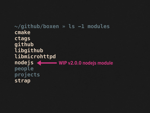 ~/github/boxen » ls -1 modules
cmake
ctags
github
libgithub
libmicrohttpd
nodejs
people
projects
strap
WIP v2.0.0 nodejs module
