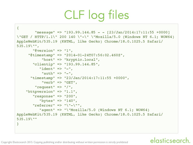 Copyright Elasticsearch 2015. Copying, publishing and/or distributing without written permission is strictly prohibited
CLF log files
{
"message" => "193.99.144.85 - - [23/Jan/2014:17:11:55 +0000]
\"GET / HTTP/1.1\" 200 140 \"-\" \"Mozilla/5.0 (Windows NT 6.1; WOW64)
AppleWebKit/535.19 (KHTML, like Gecko) Chrome/18.0.1025.5 Safari/
535.19\"",
"@version" => "1",
"@timestamp" => "2014-01-24T07:56:02.460Z",
"host" => "kryptic.local",
"clientip" => "193.99.144.85",
"ident" => "-",
"auth" => "-",
"timestamp" => "23/Jan/2014:17:11:55 +0000",
"verb" => "GET",
"request" => "/",
"httpversion" => "1.1",
"response" => "200",
"bytes" => "140",
"referrer" => "\"-\"",
"agent" => "\"Mozilla/5.0 (Windows NT 6.1; WOW64)
AppleWebKit/535.19 (KHTML, like Gecko) Chrome/18.0.1025.5 Safari/
535.19\""
}
