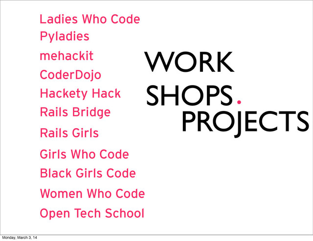 mehackit
CoderDojo
Hackety Hack
Rails Bridge
Rails Girls
Girls Who Code
Black Girls Code
Women Who Code
.
WORK
SHOPS
PROJECTS
Open Tech School
Pyladies
Ladies Who Code
Monday, March 3, 14
