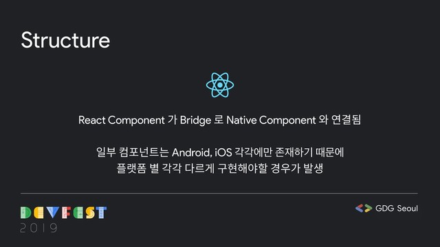 React Component 가 Bridge 로 Native Component 와 연결됨
일부 컴포넌트는 Android, iOS ппী݅ ઓ੤ೞӝ ٸޙী
플랫폼 별 각각 다르게 구현해야할 경우가 발생
Structure
