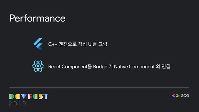 Performance
C++ 엔진으로 직접 UI를 그림
React Component를 Bridge 가 Native Component 와 연결
