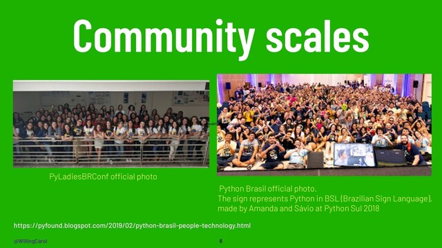 @WillingCarol
Community scales
6
Python Brasil official photo.
The sign represents Python in BSL (Brazilian Sign Language),
made by Amanda and Sávio at Python Sul 2018
https://pyfound.blogspot.com/2019/02/python-brasil-people-technology.html
PyLadiesBRConf official photo
PyLadiesBRConf official photo
