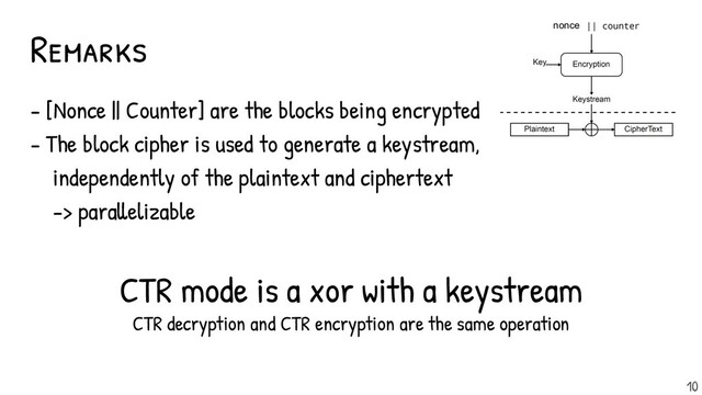- [Nonce || Counter] are the blocks being encrypted
- The block cipher is used to generate a keystream,
independently of the plaintext and ciphertext
-> parallelizable
CTR mode is a xor with a keystream
CTR decryption and CTR encryption are the same operation
Remarks nonce
10
