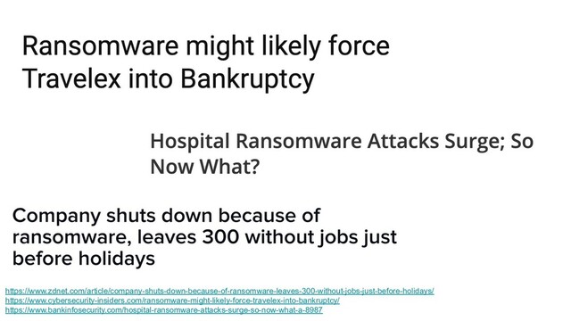 https://www.zdnet.com/article/company-shuts-down-because-of-ransomware-leaves-300-without-jobs-just-before-holidays/
https://www.cybersecurity-insiders.com/ransomware-might-likely-force-travelex-into-bankruptcy/
https://www.bankinfosecurity.com/hospital-ransomware-attacks-surge-so-now-what-a-8987
