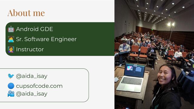 About me
🤖 Android GDE
󰠁 Sr. Software Engineer
󰠅 Instructor
🐦 @aida_isay
🌐 cupsofcode.com
📽 @aida_isay
