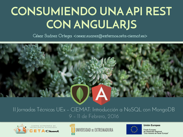 CONSUMIENDO UNA API REST
CON ANGULARJS
César Suárez Ortega 
II Jornadas Técnicas UEx – CIEMAT: Introducción a NoSQL con MongoDB
9 – 11 de Febrero, 2016
