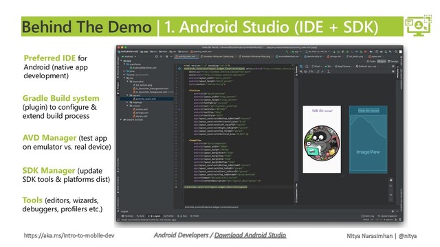 https://aka.ms/intro-to-mobile-dev Nitya Narasimhan | @nitya
Behind The Demo | 1. Android Studio (IDE + SDK)
Preferred IDE for
Android (native app
development)
Gradle Build system
(plugin) to configure &
extend build process
AVD Manager (test app
on emulator vs. real device)
SDK Manager (update
SDK tools & platforms dist)
Tools (editors, wizards,
debuggers, profilers etc.)
