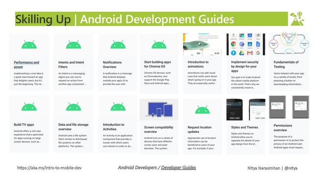 https://aka.ms/intro-to-mobile-dev Nitya Narasimhan | @nitya
Skilling Up | Android Development Guides
