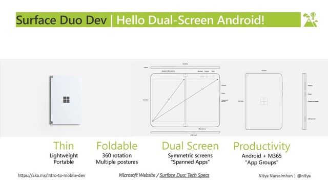 https://aka.ms/intro-to-mobile-dev Nitya Narasimhan | @nitya
Surface Duo Dev | Hello Dual-Screen Android!
Thin
Lightweight
Portable
Foldable
360 rotation
Multiple postures
Dual Screen
Symmetric screens
"Spanned Apps"
Productivity
Android + M365
"App Groups"
