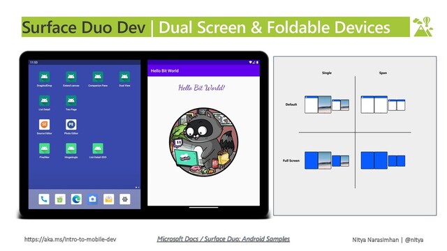 https://aka.ms/intro-to-mobile-dev Nitya Narasimhan | @nitya
Surface Duo Dev | Dual Screen & Foldable Devices
