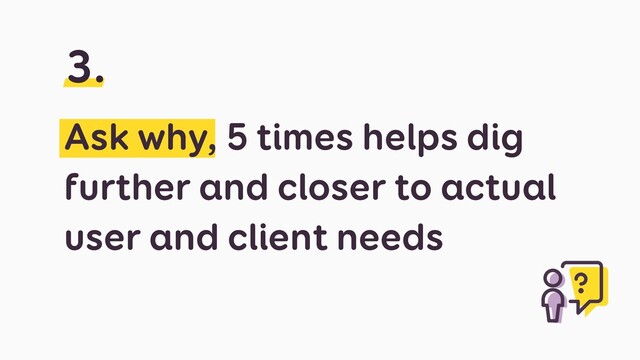 Ask why, 5 times helps dig
further and closer to actual
user and client needs
3.
