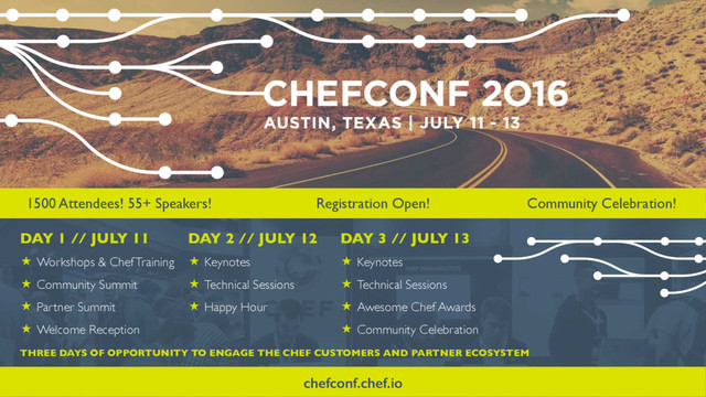 1500 Attendees! 55+ Speakers! Registration Open! Community Celebration!
CHEFCONF 2016 AT A GLANCE
Workshops & Chef Training
Community Summit
Partner Summit
Welcome Reception
Keynotes
Technical Sessions
Happy Hour
Keynotes
Technical Sessions
Awesome Chef Awards
Community Celebration
DAY 1 // JULY 11 DAY 2 // JULY 12 DAY 3 // JULY 13
THREE DAYS OF OPPORTUNITY TO ENGAGE THE CHEF CUSTOMERS AND PARTNER ECOSYSTEM
chefconf.chef.io!
DAY 1 // JULY 11
« Workshops & Chef Training
« Community Summit
« Partner Summit
« Welcome Reception
DAY 2 // JULY 12
« Keynotes
« Technical Sessions
« Happy Hour
DAY 3 // JULY 13
« Keynotes
« Technical Sessions
« Awesome Chef Awards
« Community Celebration
THREE DAYS OF OPPORTUNITY TO ENGAGE THE CHEF CUSTOMERS AND PARTNER ECOSYSTEM
