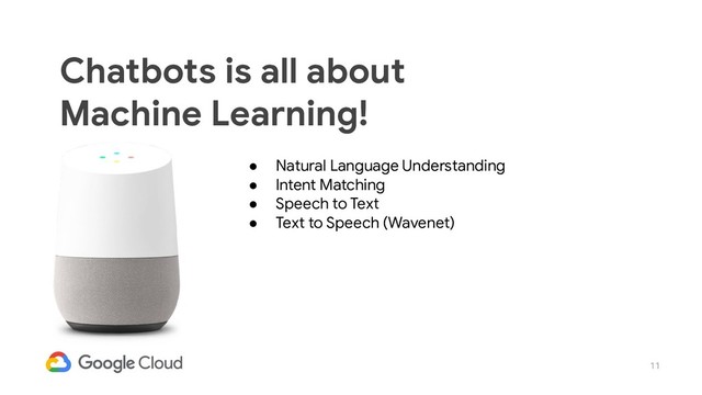 11
Chatbots is all about
Machine Learning!
● Natural Language Understanding
● Intent Matching
● Speech to Text
● Text to Speech (Wavenet)
