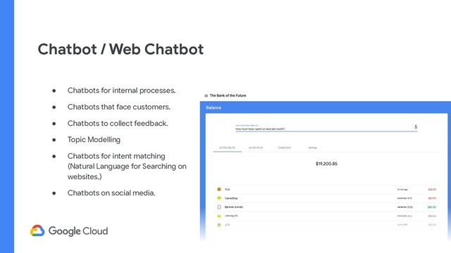 Chatbot / Web Chatbot
● Chatbots for internal processes.
● Chatbots that face customers.
● Chatbots to collect feedback.
● Topic Modelling
● Chatbots for intent matching
(Natural Language for Searching on
websites.)
● Chatbots on social media.
