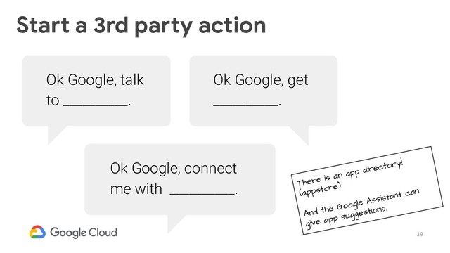 39
Ok Google, talk
to __________.
Ok Google, connect
me with __________.
Ok Google, get
__________.
Start a 3rd party action
There is an app directory!
(appstore).
And the Google Assistant can
give app suggestions.
