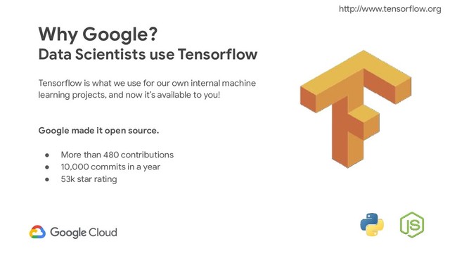 Why Google?
Data Scientists use Tensorflow
Tensorflow is what we use for our own internal machine
learning projects, and now it’s available to you!
Google made it open source.
● More than 480 contributions
● 10,000 commits in a year
● 53k star rating
http://www.tensorflow.org
