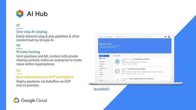 AI Hub
One stop AI catalog
Easily discover plug & play pipelines & other
content built by Google AI.
01
Private hosting
Host pipelines and ML content with private
sharing controls within an enterprise to foster
reuse within organizations.
02
Easy deployment on GCP and hybrid
Deploy pipelines via Kubeﬂow on GCP
and on premise.
03
(g.co/aihub)
