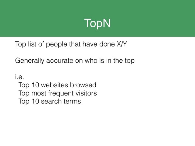 TopN
Top list of people that have done X/Y
Generally accurate on who is in the top
i.e.
Top 10 websites browsed
Top most frequent visitors
Top 10 search terms

