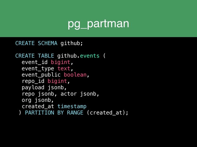 pg_partman
CREATE SCHEMA github;
CREATE TABLE github.events (
event_id bigint,
event_type text,
event_public boolean,
repo_id bigint,
payload jsonb,
repo jsonb, actor jsonb,
org jsonb,
created_at timestamp
) PARTITION BY RANGE (created_at);

