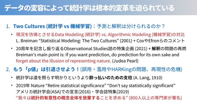 . Two Cultures ( vs )
‣ Data Modeling ( ) vs. Algorithmic Modeling ( )
L. Breiman Statistical Modeling: The Two Cultures ( ) + Cox Efron
‣ 20 Observational Studies (2021) +
Breiman's main point is: If you want prediction, do prediction for its own sake and
forget about the illusion of representing nature. (Judea Pearl)
. p ( HARKing )
‣ (A. Lang, )
‣ 2019 Nature Retire statistical signi cance Don t say statistically signi cant
(ASA) (2016) (2019)
(800 )
