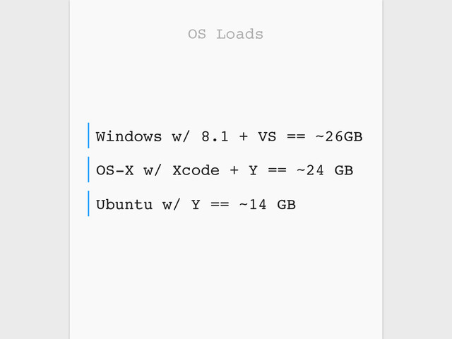 OS Loads
Ubuntu w/ Y == ~14 GB
OS-X w/ Xcode + Y == ~24 GB
Windows w/ 8.1 + VS == ~26GB
