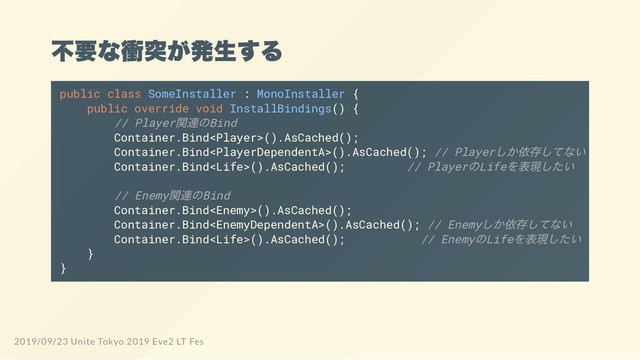 不要な衝突が発生する
public class SomeInstaller : MonoInstaller {
public override void InstallBindings() {
// Player
関連のBind
Container.Bind().AsCached();
Container.Bind().AsCached(); // Player
しか依存してない
Container.Bind().AsCached(); // Player
のLife
を表現したい
// Enemy
関連のBind
Container.Bind().AsCached();
Container.Bind().AsCached(); // Enemy
しか依存してない
Container.Bind().AsCached(); // Enemy
のLife
を表現したい
}
}
2019/09/23 Unite Tokyo 2019 Eve2 LT Fes
