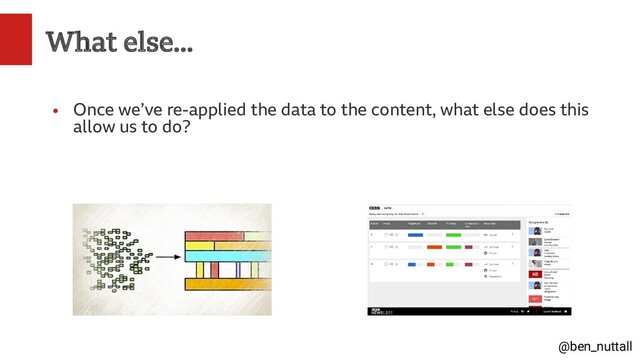 @ben_nuttall
What else...
●
Once we’ve re-applied the data to the content, what else does this
allow us to do?
