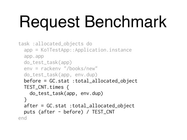 Request Benchmark
task :allocated_objects do
app = Ko1TestApp::Application.instance
app.app
do_test_task(app)
env = rackenv "/books/new"
do_test_task(app, env.dup)
before = GC.stat :total_allocated_object
TEST_CNT.times {
do_test_task(app, env.dup)
}
after = GC.stat :total_allocated_object
puts (after - before) / TEST_CNT
end
