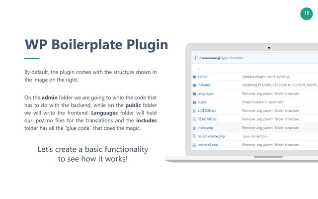 15
WP Boilerplate Plugin
By default, the plugin comes with the structure shown in
the image on the right.
On the admin folder we are going to write the code that
has to do with the backend, while on the public folder
we will write the frontend. Languages folder will held
our .po/.mo files for the translations and the includes
folder has all the “glue code” that does the magic.
Let’s create a basic functionality
to see how it works!
