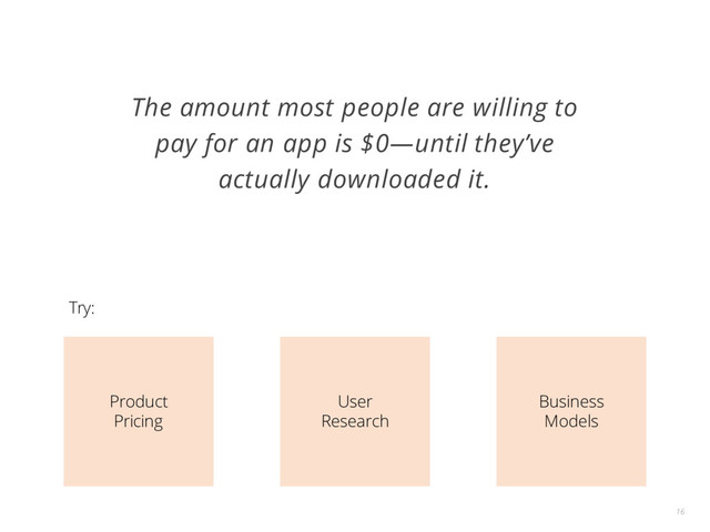 The amount most people are willing to
pay for an app is $0—until they’ve
actually downloaded it.
16
Product
Pricing
User
Research
Business
Models
Try:
